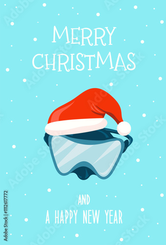 Greeting card with mask for scuba and free diving with red Santa hat. Merry Christmas and Happy New Year vector illustration