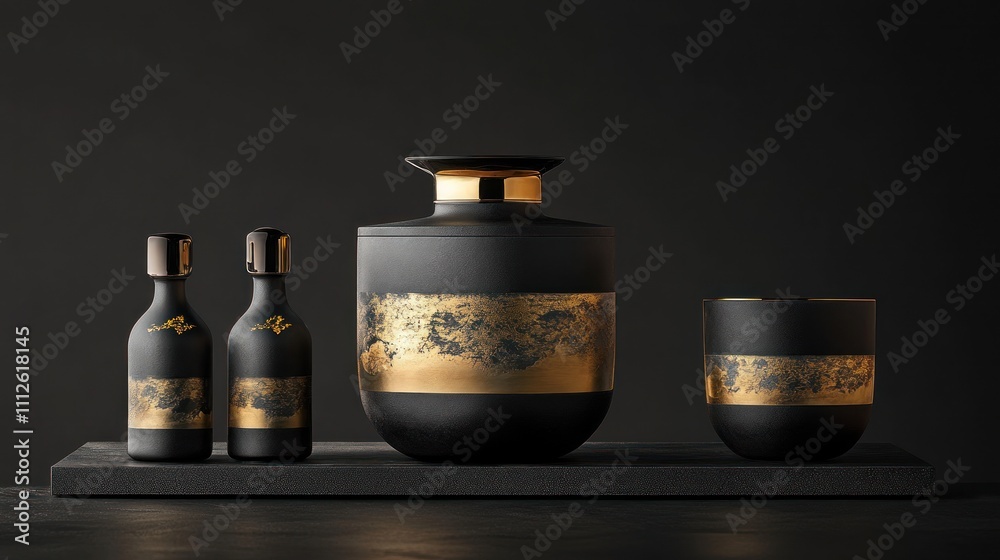 Elegant black and gold glassware set on dark surface. Elegant black and gold glassware set on dark surface.