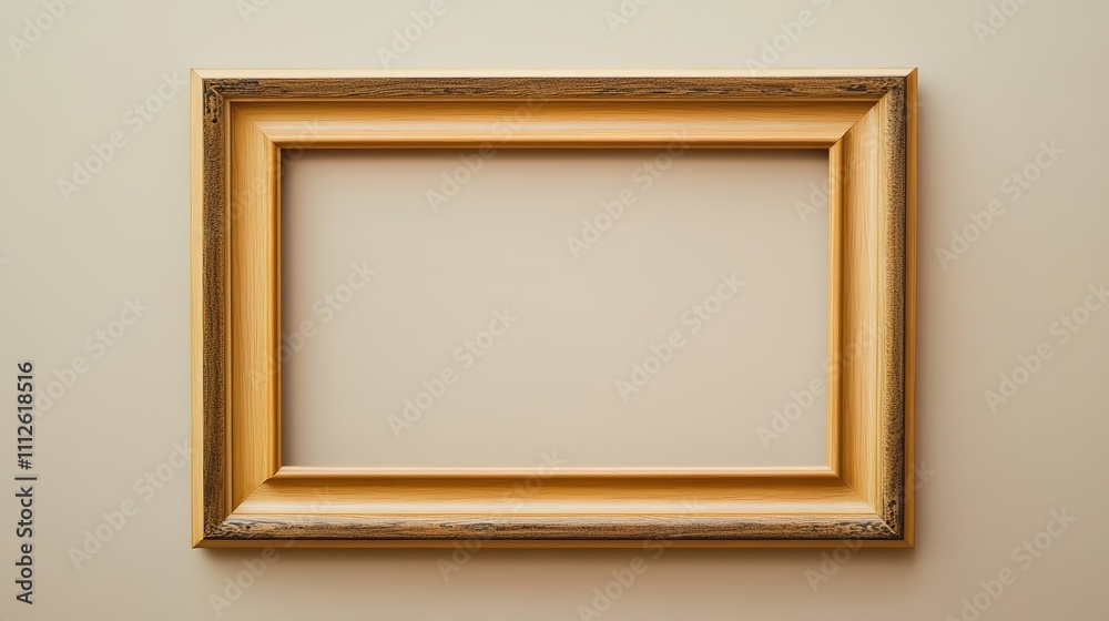 Empty gold frame on beige wall, space for art display Empty gold frame on beige wall, space for art display