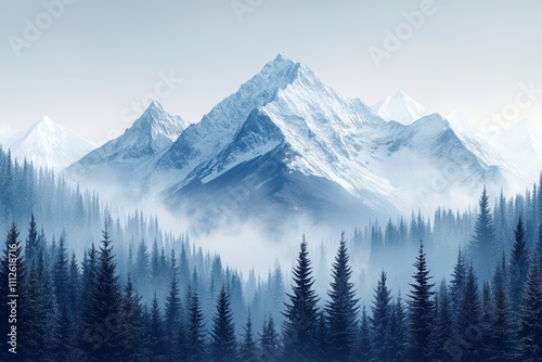 Majestic mountain landscape shrouded in mist, surrounded by evergreen trees.