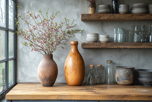 Rustic Kitchen Decor Featuring Wooden Vases and Blooming Branches photo