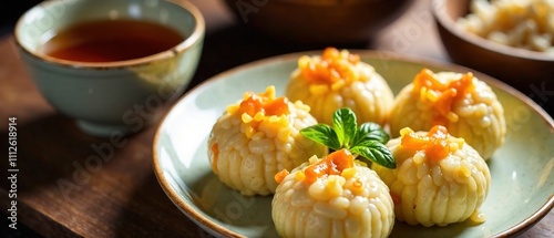 Chuseok Rice Cakes Baramtteok Gaepitteok with Tea - Festive Korean Food photo