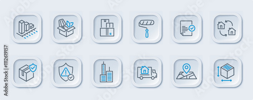 Repair icons set. Truck, cardboard boxes, painting roller and buildings. Renovation and repair, construction and engineering. Linear vector collection