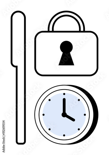 Lock with keyhole, vertical key, and round clock with blue center. Ideal for security, privacy, time management, deadlines, punctuality scheduling organization themes. Line metaphor