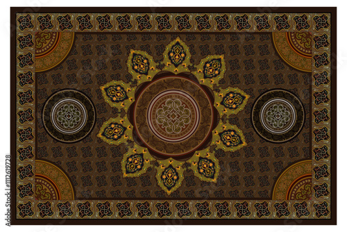 Persian Carpet Texture, abstract ornament. Round mandala pattern, Middle Eastern Traditional Fabric Texture.
