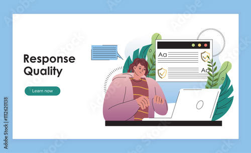 Response quality landing page. Woman with laptop checking article on website. Copywriter and editor. Content assesment. Flat vector illustration