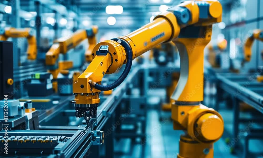 Yellow Industrial Robot Arm Working on a Production Line Yellow Industrial Robot Arm Working on a Production Line