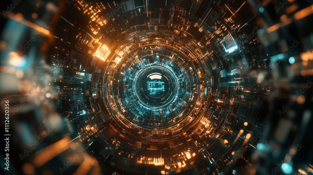 Obraz premium Abstract digital tunnel with glowing orange and blue elements.