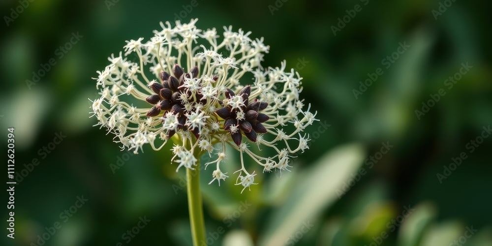 A delicate white flower with a central cluster of dark seeds, set against a blurred green background. A delicate white flower with a central cluster of dark seeds, set against a blurred green background.