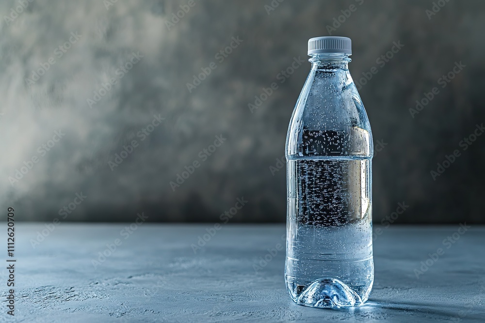 Clear plastic water bottle on blue surface with copy space Clear plastic water bottle on blue surface with copy space