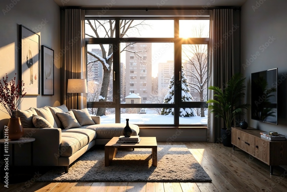 Cozy Winter Living Room with Snowy Cityscape Cozy Winter Living Room with Snowy Cityscape