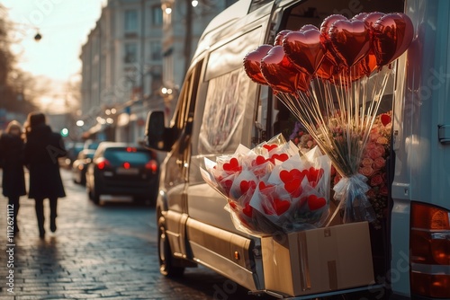 flower shop delivery truck loaded with valentines day flowers photo