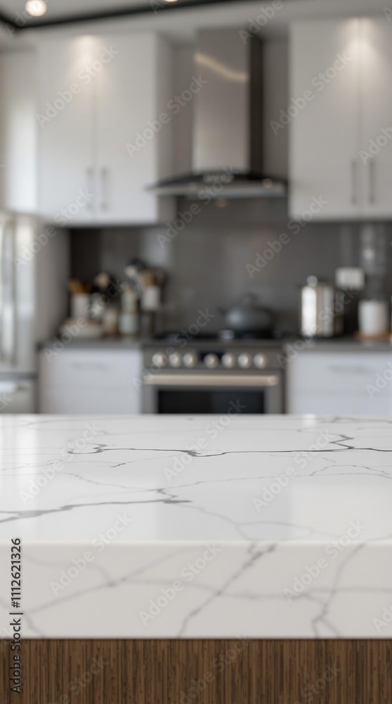 A clean and empty tabletop in front of a messy kitchen with blurred kitchen appliances and countertops, kitchen essentials, kitchen organization, minimalist home, modern kitchen A clean and empty tabletop in front of a messy kitchen with blurred kitchen appliances and countertops, kitchen essentials, kitchen organization, minimalist home, modern kitchen