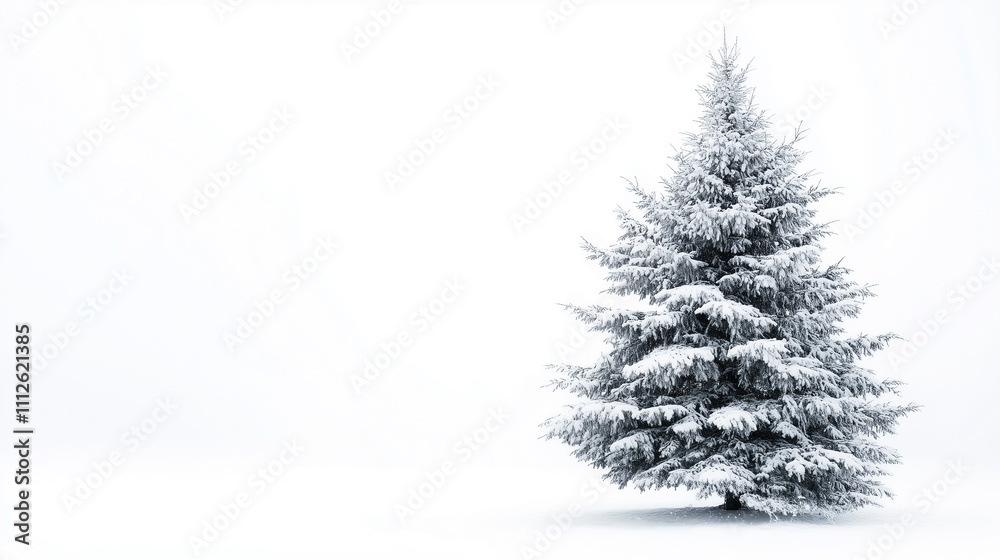 Evergreen tree covered in snow with copy space isolated on white Evergreen tree covered in snow with copy space isolated on white