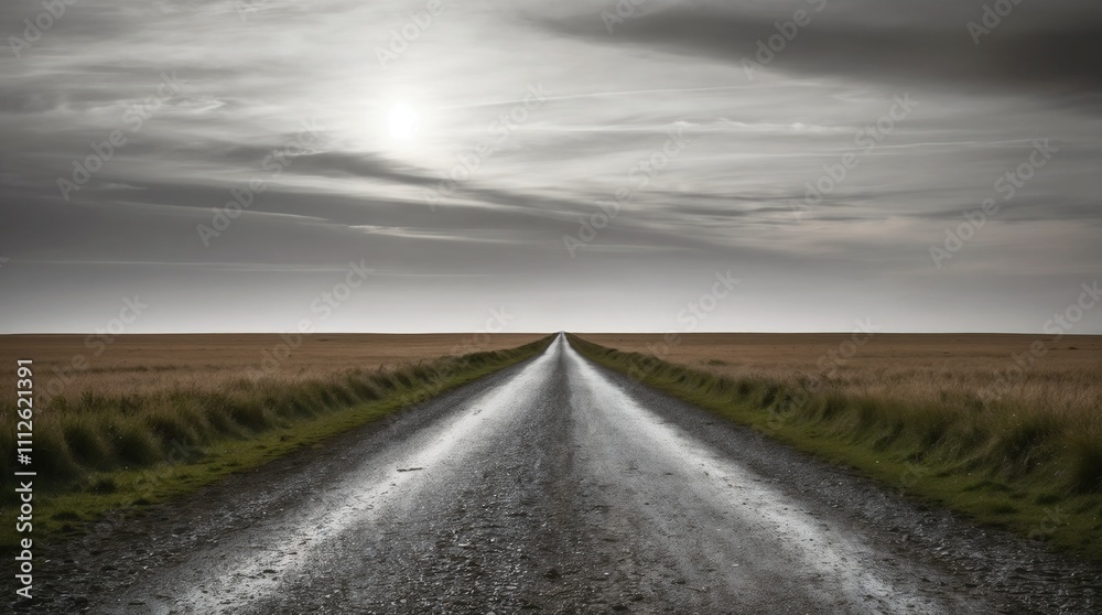 Fototapeta premium Path to Infinity of a serene path stretching endlessly toward the horizon. The tranquil scene, framed by nature's symmetry and leading lines, evokes a calming and introspective mood. 