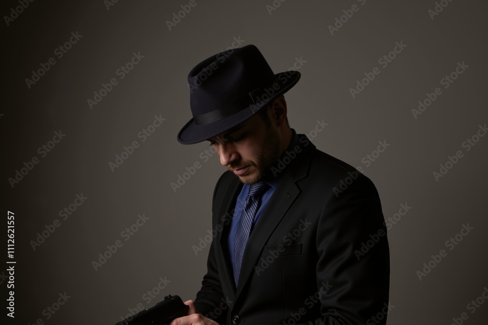 Mysterious man in suit and hat holding object in shadowy setting.