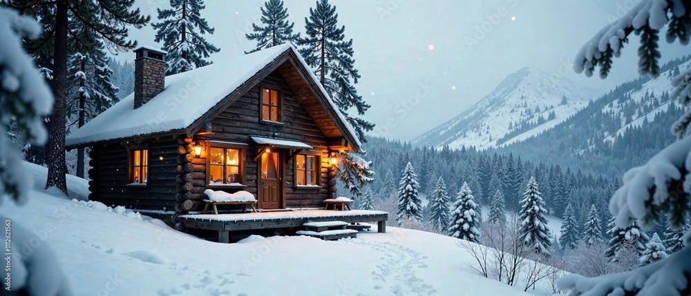 Cozy Wooden Cabin in Snowy Forest - AI Photorealistic Landscape Cozy Wooden Cabin in Snowy Forest - AI Photorealistic Landscape