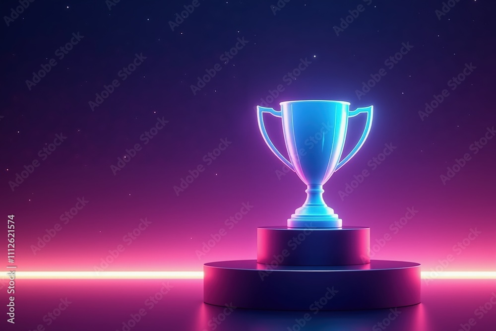 Neon trophy on podium against starry sky: symbol of success and achievement in futuristic style. Neon trophy on podium against starry sky: symbol of success and achievement in futuristic style.