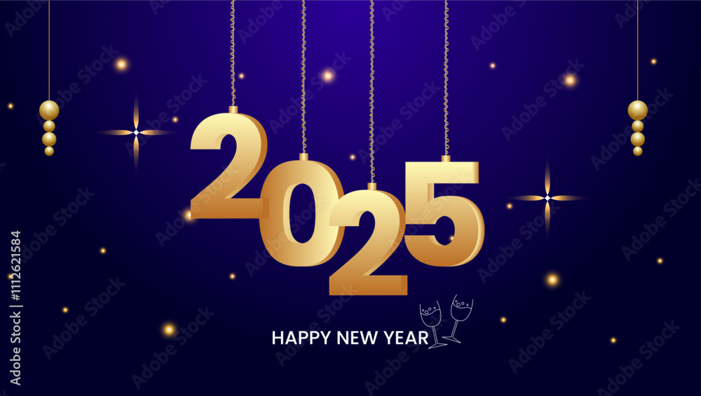 Obraz premium A festive New Year card with 2025 in golden numbers hanging on strings a dark blue background golden stars ornaments and Happy New Year text below 