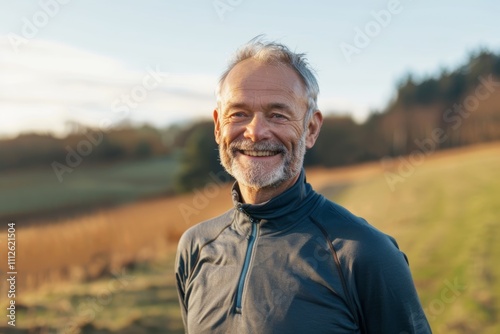 Portrait of a happy man in his 50s showing off a lightweight base layer isolated in quiet countryside landscape