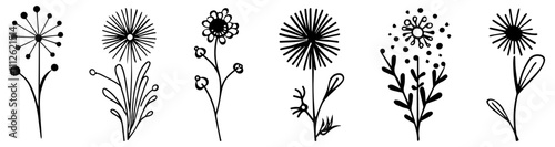 Set of hand drawn ink brush flowers