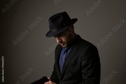 Mysterious man in suit and hat holding object in shadowy setting.