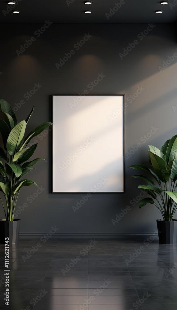 Blank Frame on Black Wall. White Art Mockup in Gallery with backlight. Poster Mock-up. Clean, modern, minimal Photo. Empty Picture Indoor interior. Blank Frame on Black Wall. White Art Mockup in Gallery with backlight. Poster Mock-up. Clean, modern, minimal Photo. Empty Picture Indoor interior.
