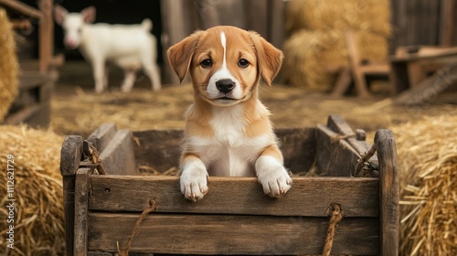 A cute puppy sitting inside a rustic wooden cart on a farm, with hay bales and barnyard animals in the background photo