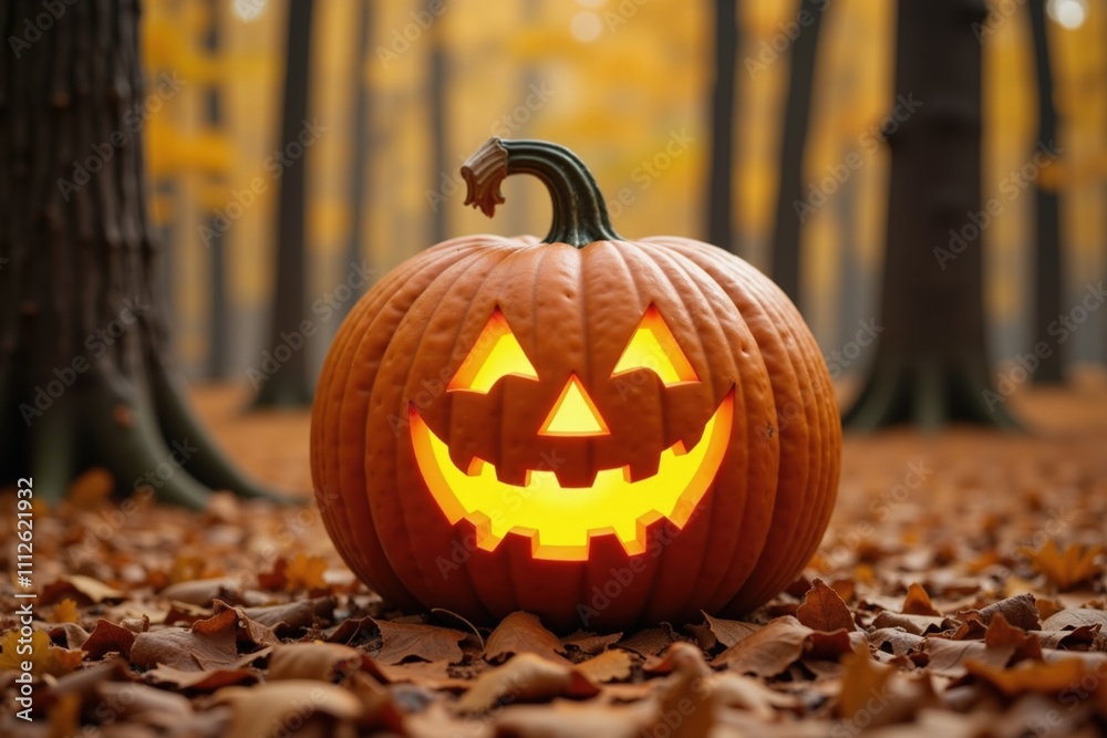 A glowing jack-o'-lantern placed on a bed of autumn leaves in a forest, capturing the Halloween spirit. A glowing jack-o'-lantern placed on a bed of autumn leaves in a forest, capturing the Halloween spirit.
