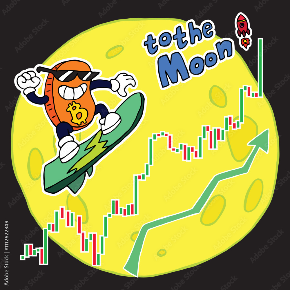 Obraz premium Bitcoin in sunglasses smiles and flies on a surfboard along the cryptocurrency chart up the moon