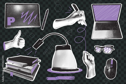 Trendy vintage collage conception with symbols set. Halftone collection with gesturing hands, laptop, graphic tablet, books, glasses, lamp, computer mouse in retro pop art style. Vector illustration.