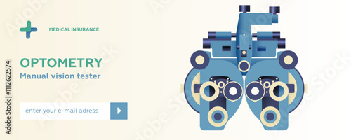 Optometry. Manual Vision Tester. Medical Equipment. Modern Flat Vector Illustration. Website Banner. Social Media Template.