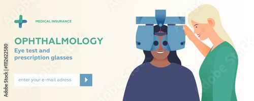 Ophthalmology. Eye Test and Prescription Glasses. Medical Specialist Hold Optometry Machine while Female Patient Perform Eye Test. Modern Flat Vector Illustration. Website Banner. 