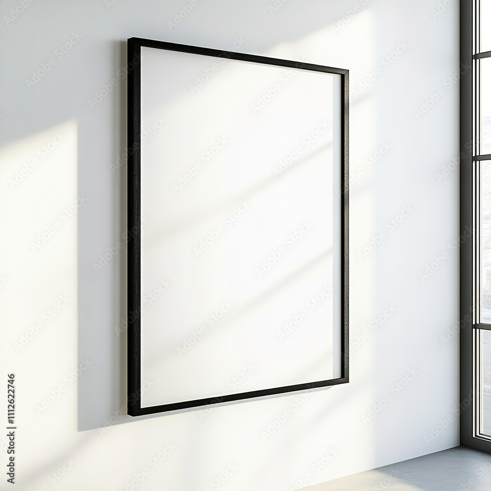 Blank frame on white wall with sunlight and shadows Blank frame on white wall with sunlight and shadows