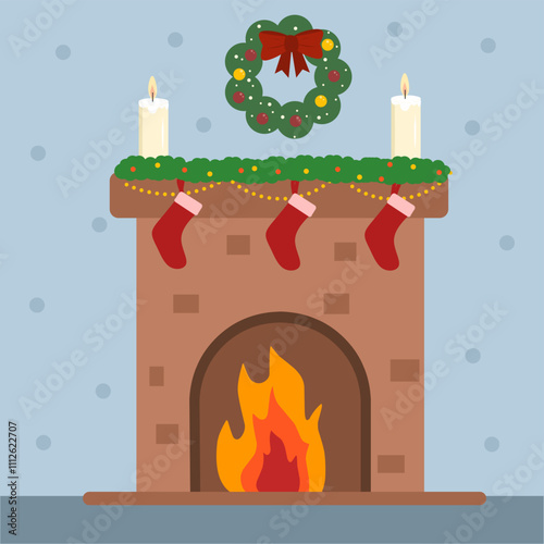 fireplace with christmas decorations, fireplace with blue background,  fireplace cartoon 