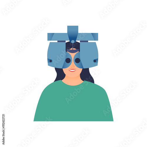 Ophthalmology. Eye Test and Prescription Glasses. Female perform Eye Test Use Optometry Machine in Medical Office. Modern Flat Vector Illustration. Social Media Template.