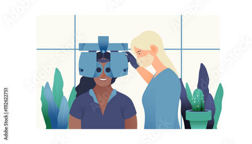 Ophthalmology. Eye Test and Prescription Glasses. Medical Specialist Hold Optometry Machine while Female Patient Perform Eye Test in Medical Office. Modern Flat Vector Illustration. Social Media Templ
