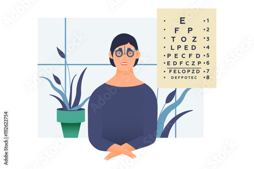 Ophthalmology. Eye Test and Prescription Glasses. Female Patient with Adjustable Optical Trial Lens in Medical Office. Modern Flat Vector Illustration. Social Media Template.