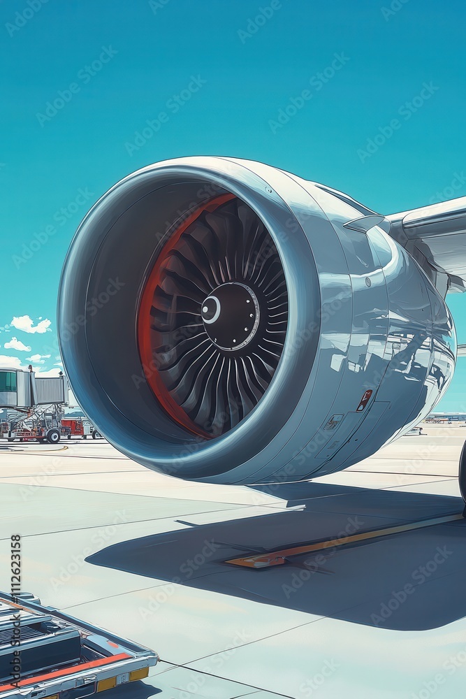Close-Up of a Modern Jet Engine Turbine Blades under Clear Blue Sky at an Airport, Showcasing Advanced Design and Engineering Efficiency Close-Up of a Modern Jet Engine Turbine Blades under Clear Blue Sky at an Airport, Showcasing Advanced Design and Engineering Efficiency