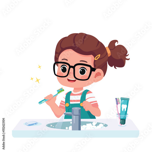 happy cute kid girl brush clean teeth	