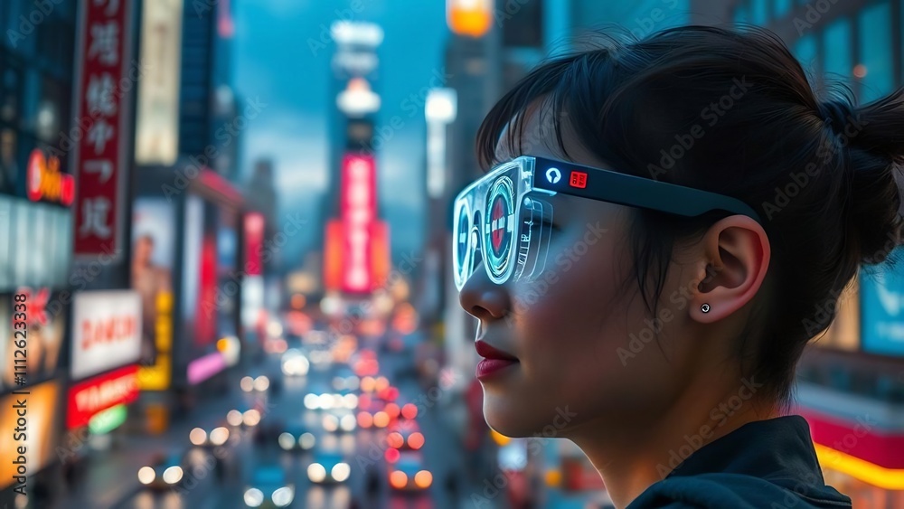 Woman in futuristic glasses views city at night. Woman in futuristic glasses views city at night.
