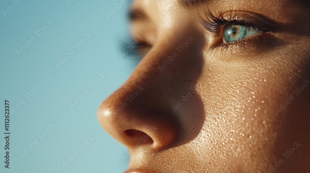 Fototapeta premium Light freckles glowing on sunkissed skin, natural beauty, pure and healthy complexion