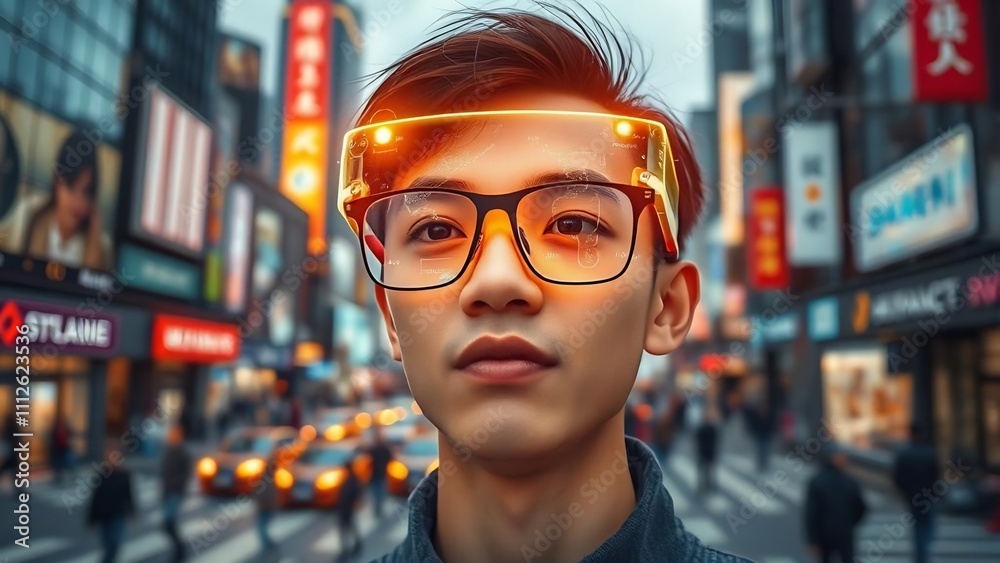 Young man wearing futuristic glasses in city. Young man wearing futuristic glasses in city.