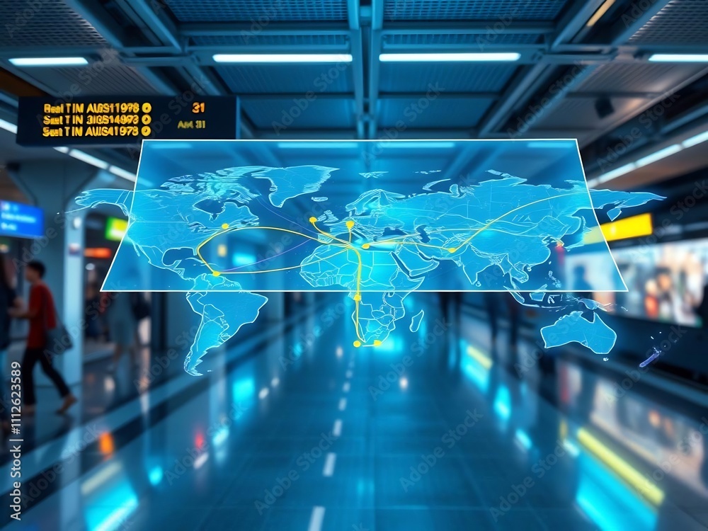 Global network connections visualized on a digital world map in a futuristic transit setting.