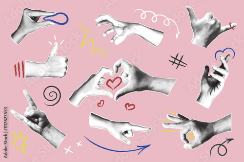 Trendy vintage collage conception with symbols set. Halftone collection with hands holds, showing thumbs up, heart shape, cool, ok and other gesturing in retro pop art style. Vector illustration.