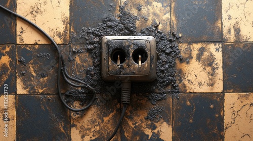 A melted plug and socket combination with soot-covered wires and burn marks on a tiled floor photo