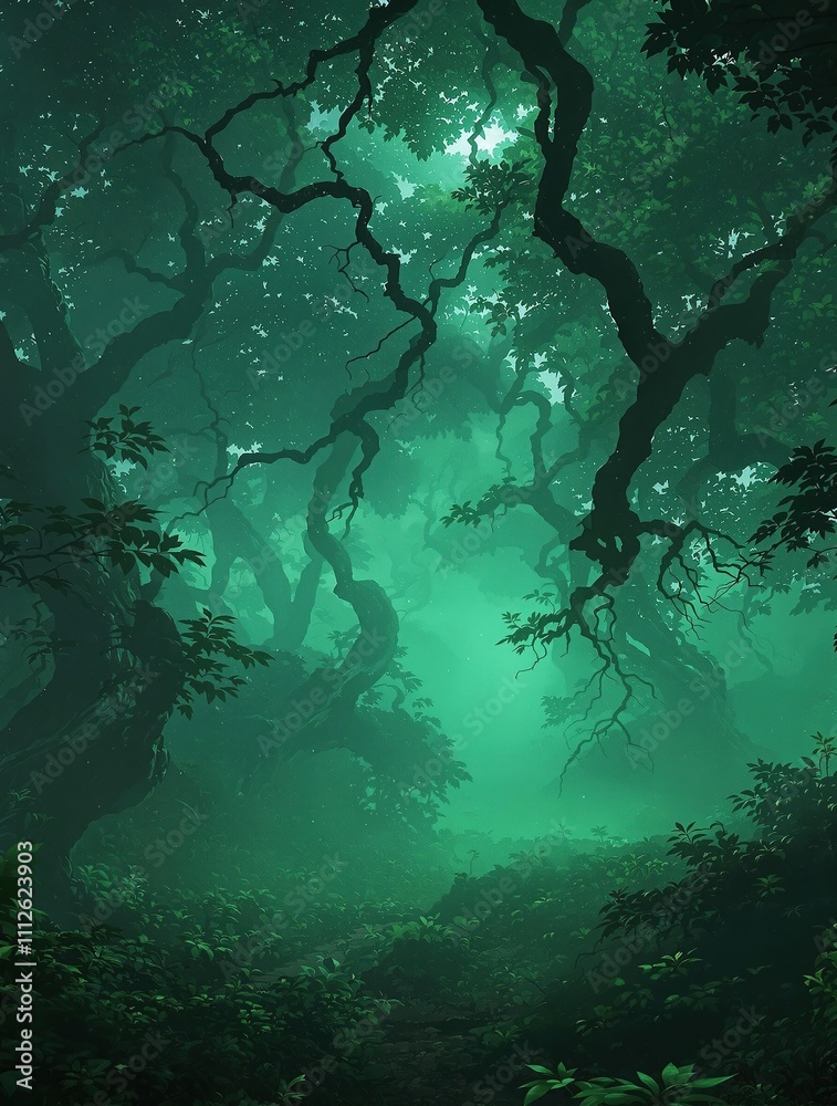 Fototapeta premium A dense and vibrant forest with a thick layer of fog rolling in through the trees, greenery, dense foliage