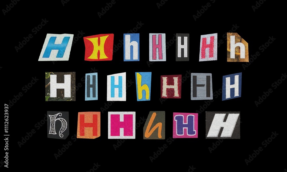 Set of letter “H” cut-out from magazines on a black background, retro y2k ransom font style Set of letter “H” cut-out from magazines on a black background, retro y2k ransom font style