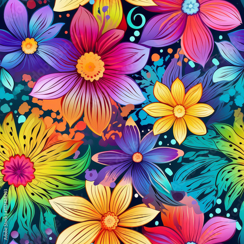 Rainbow Hippie Flowers Seamless Patterns Background Perfect for Gift wrapping Greeting Cards 