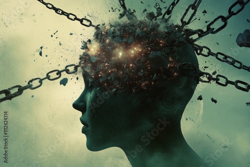 Shattered mind with chains and exploding fragments